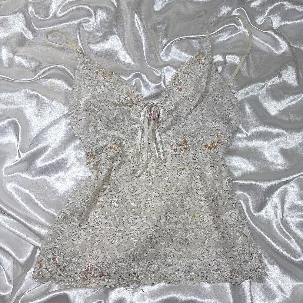 y2k camisole White Good Lace Sequin Floral Ribbon Tie Coquette Lipstick